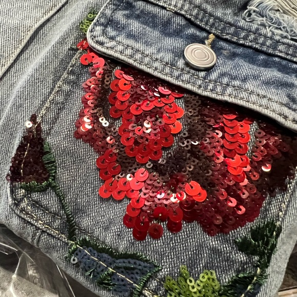 VEVERET gorgeous jean jacket sheer sequin back distressed detail size S M L - Picture 5 of 9